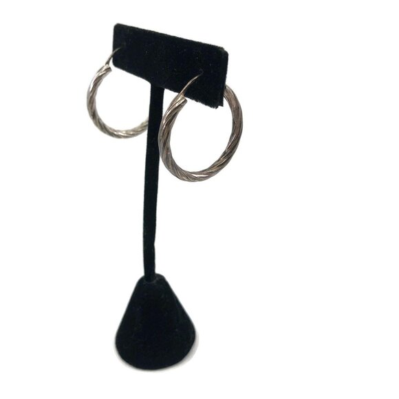 Sterling Silver Twisted Rope Hoop Earrings 1 1/8", Pierced Circle Earrings 1980s - Picture 5 of 8